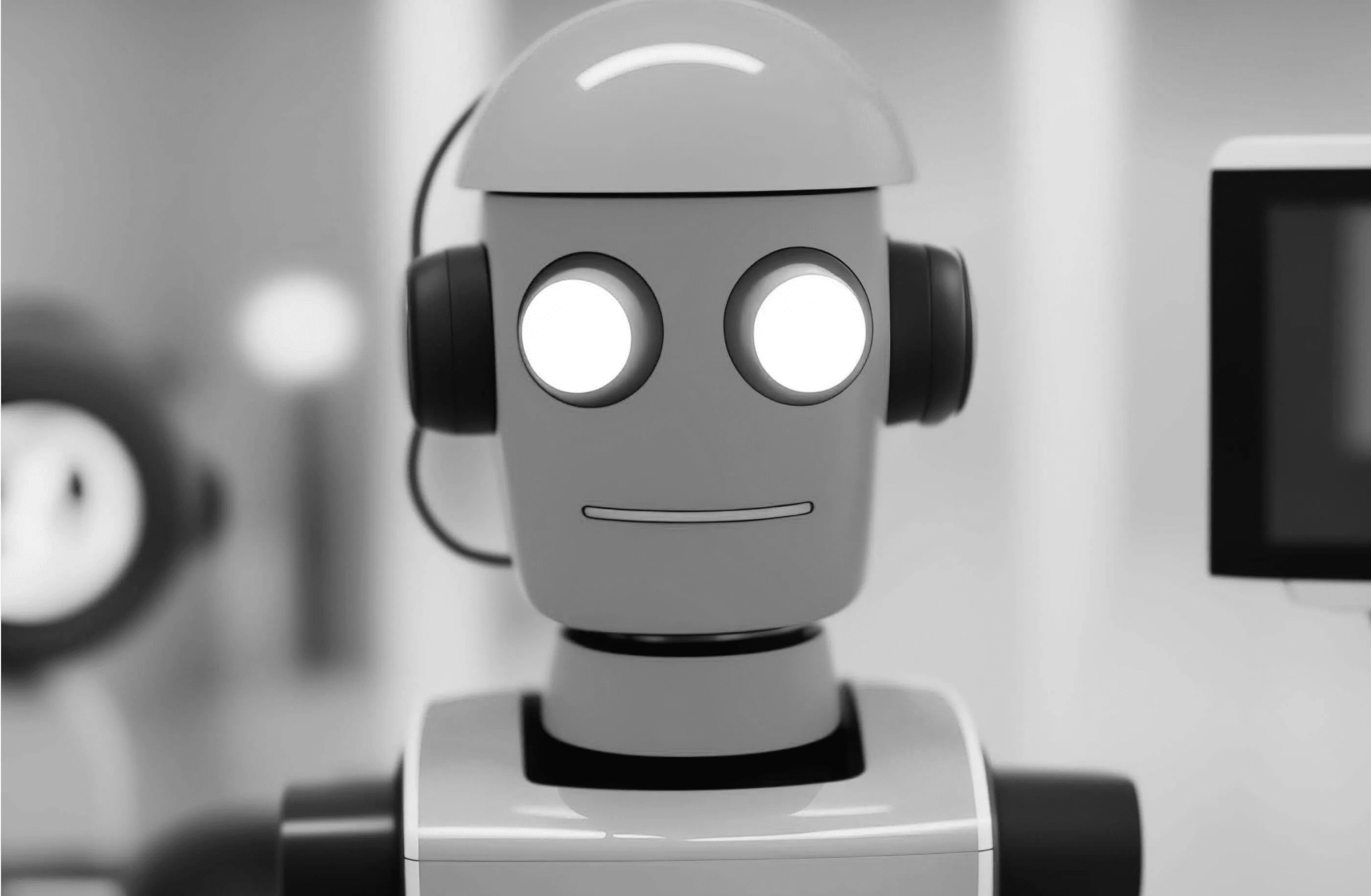 A black and white photo of robot