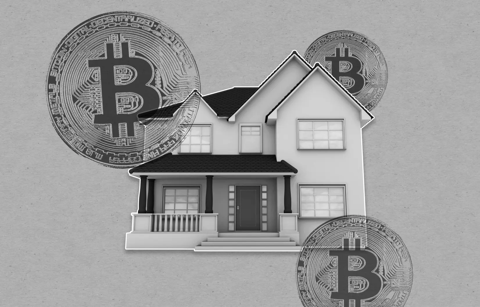 Two story house with three bitcoin symbols